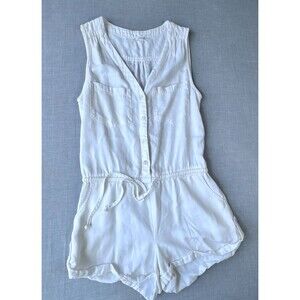 On The Road White Sleeveless Romper Small Button Front Drawstring Waist Pockets